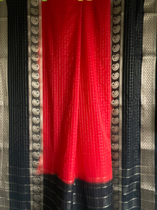 Bold Red Crepe Saree with Golden Checks & Black Mango Border