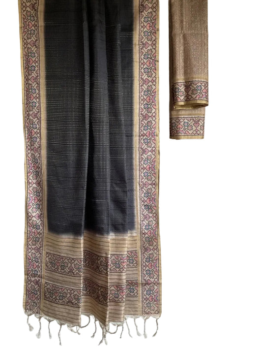 Black Soft Tussar Silk Saree with Ikat Floral Pallu