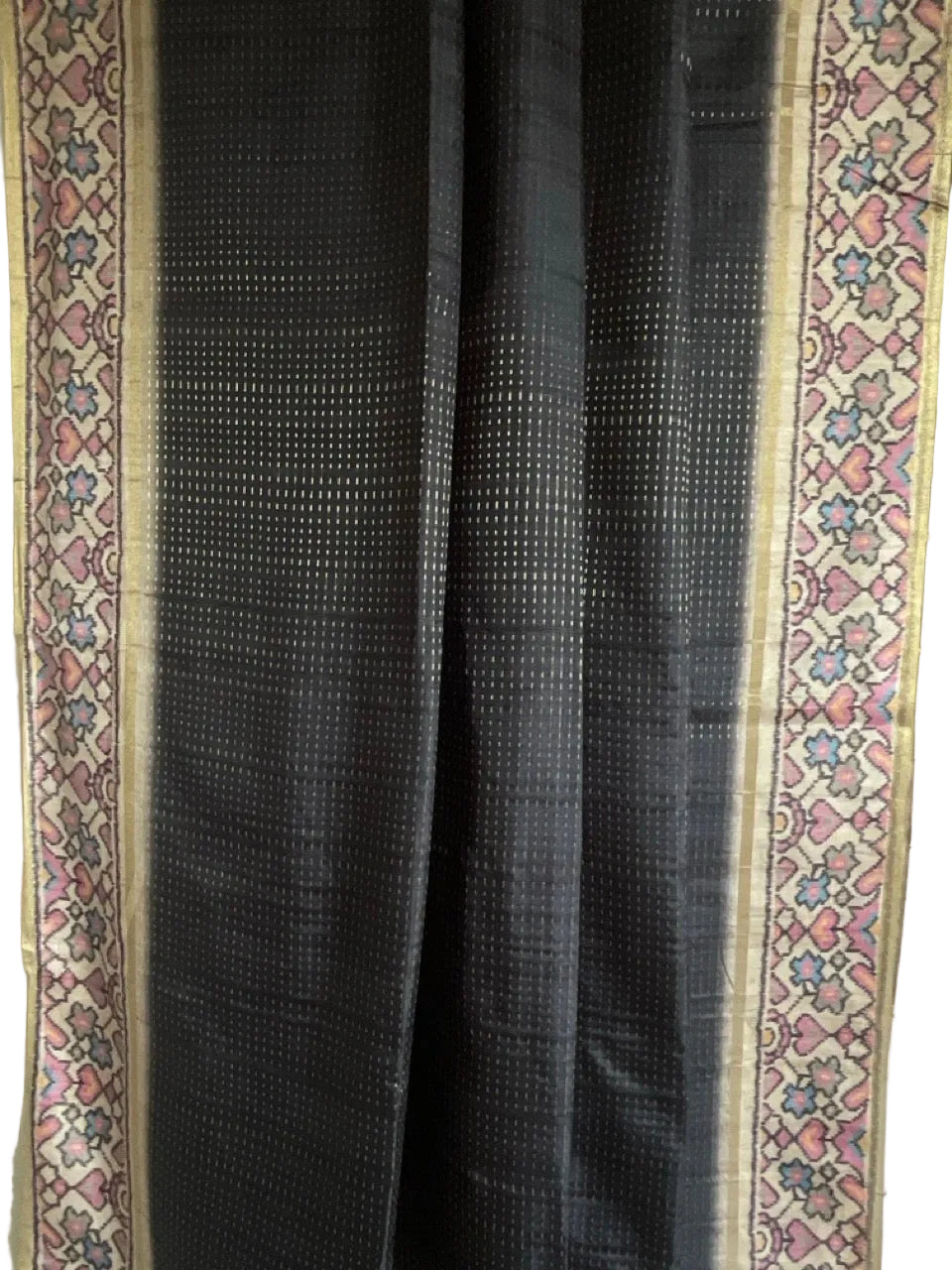 Black Soft Tussar Silk Saree with Ikat Floral Pallu