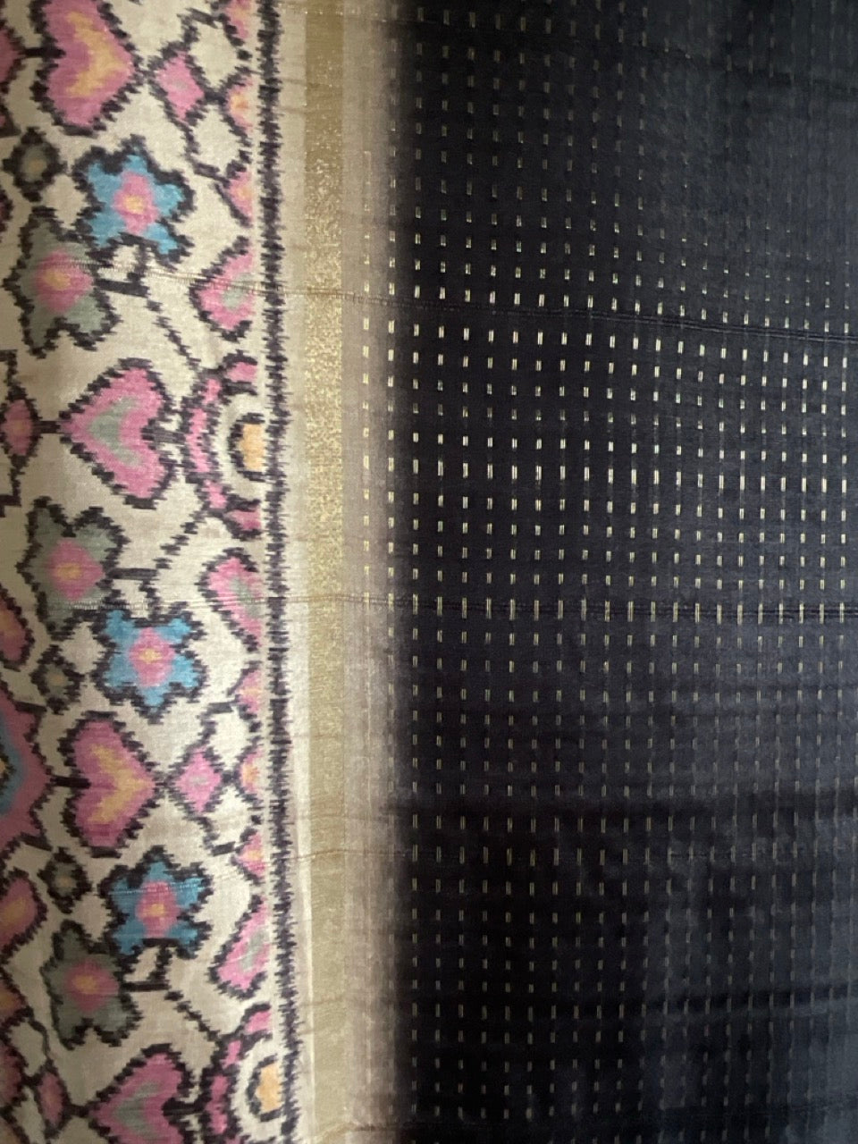 Black Soft Tussar Silk Saree with Ikat Floral Pallu