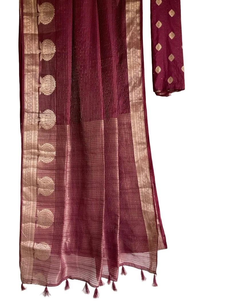 Wine Silk Saree with Peacock Border