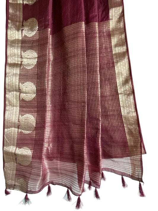 Wine Silk Saree with Peacock Border