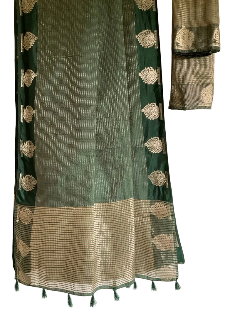 Bottle Green Tissue Silk Saree with Gold Zari Weave & Butta Border
