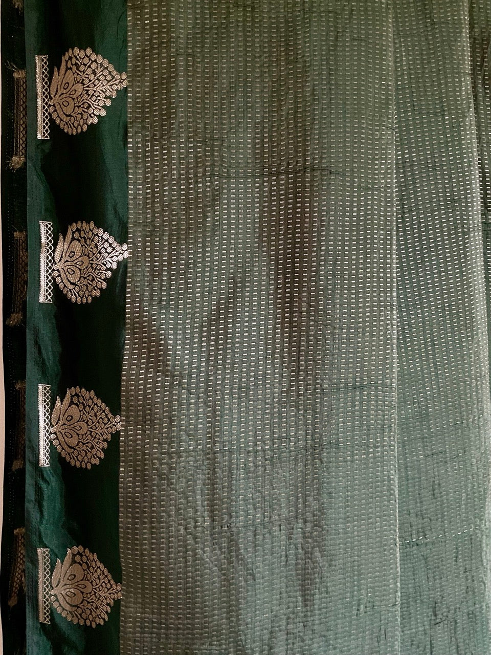 Bottle Green Tissue Silk Saree with Gold Zari Weave & Butta Border