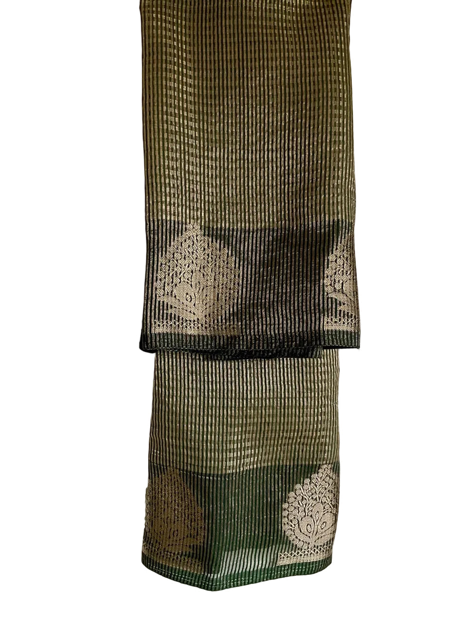 Bottle Green Tissue Silk Saree with Gold Zari Weave & Butta Border