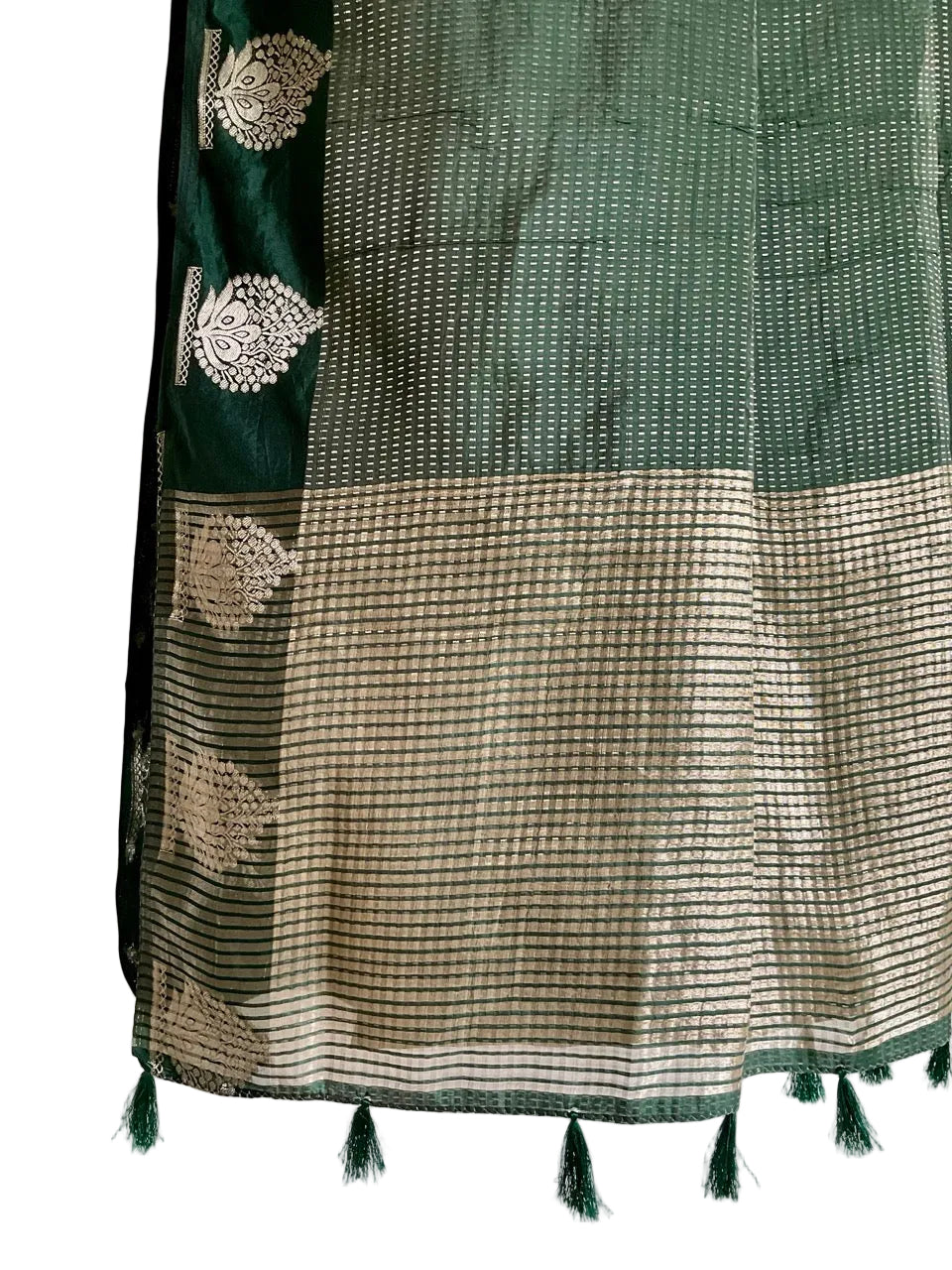 Bottle Green Tissue Silk Saree with Gold Zari Weave & Butta Border
