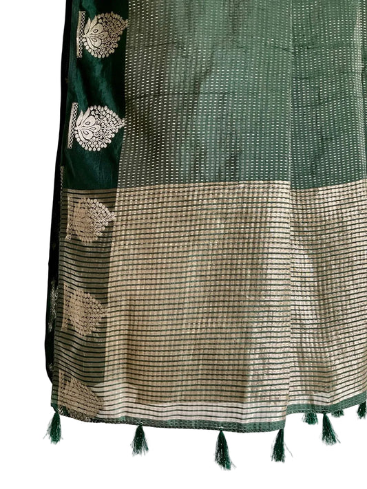Bottle Green Tissue Silk Saree with Gold Zari Weave & Butta Border