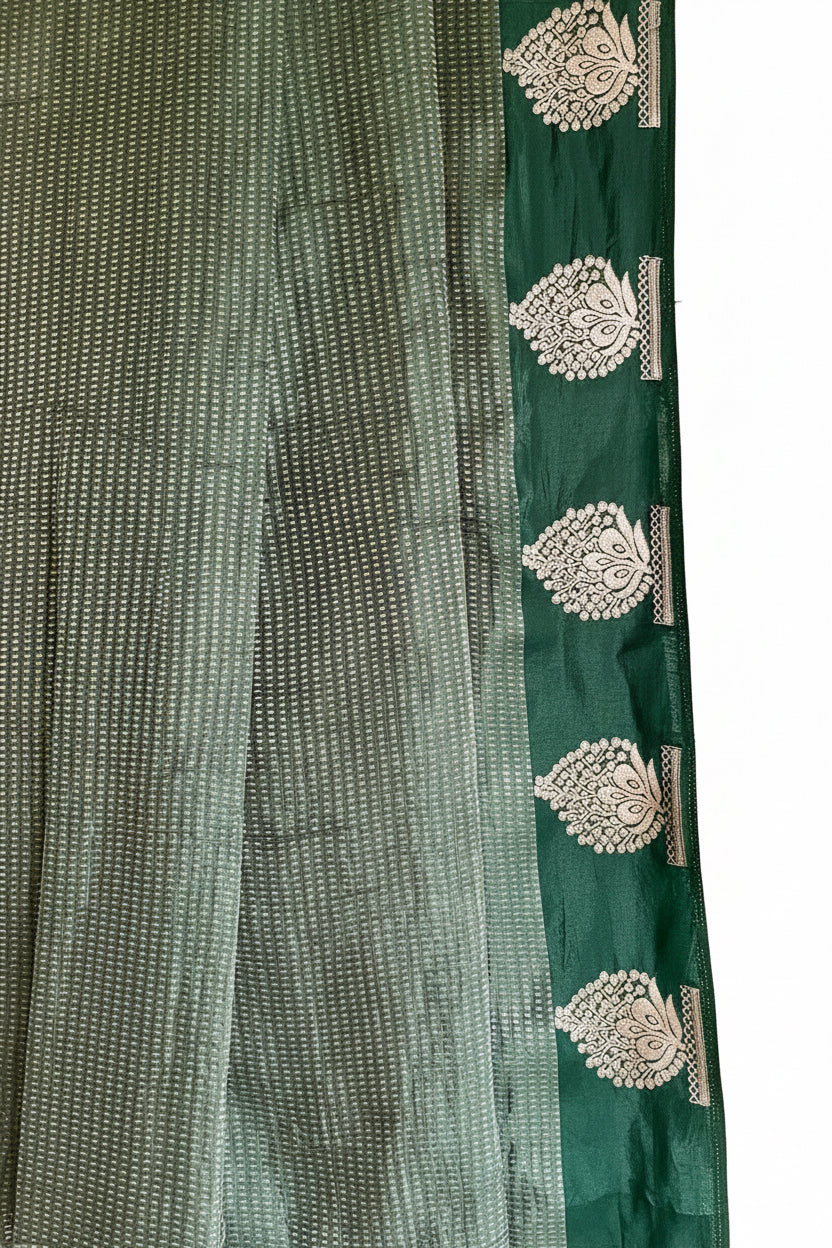 Bottle Green Tissue Silk Saree with Gold Zari Weave & Butta Border
