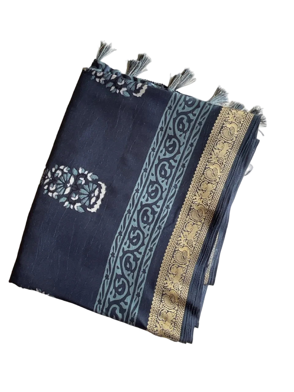 Blue Silk Saree with White Floral Kalash Butis & Gold Peacock Zari Border