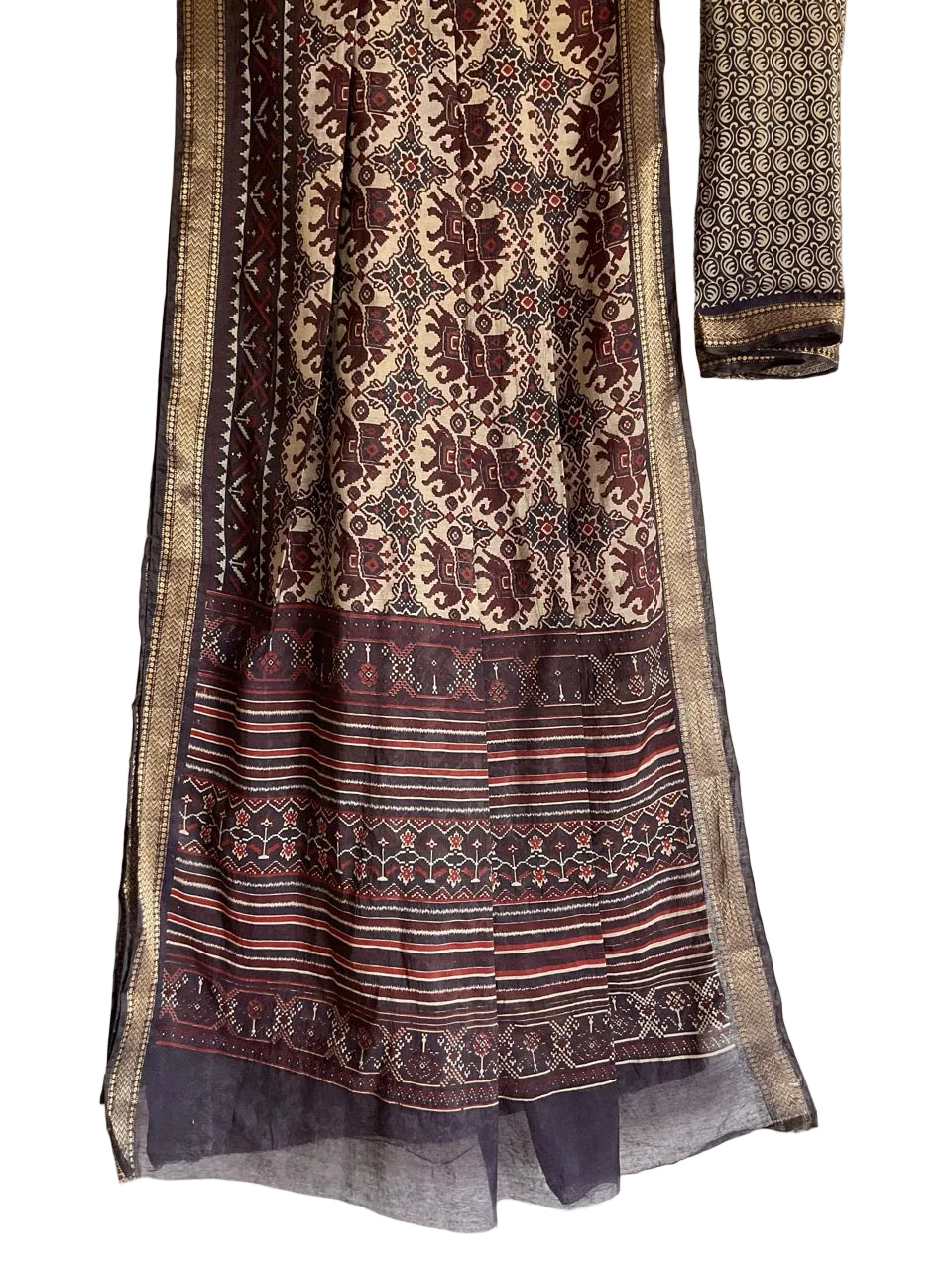 Dark Navy Cotton Saree with Cream Patola Ikat Print & Multicolour Pallu