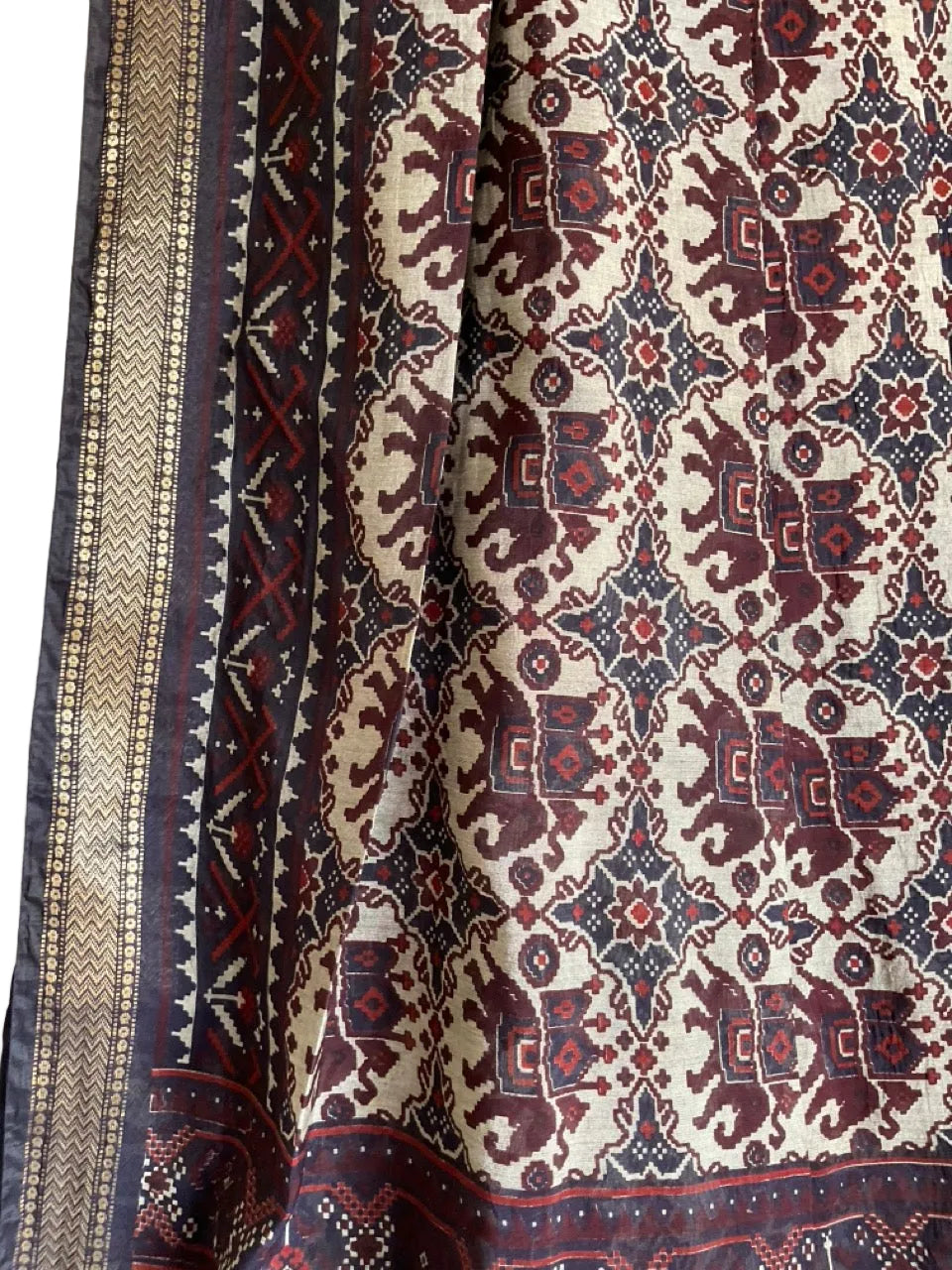 Dark Navy Cotton Saree with Cream Patola Ikat Print & Multicolour Pallu
