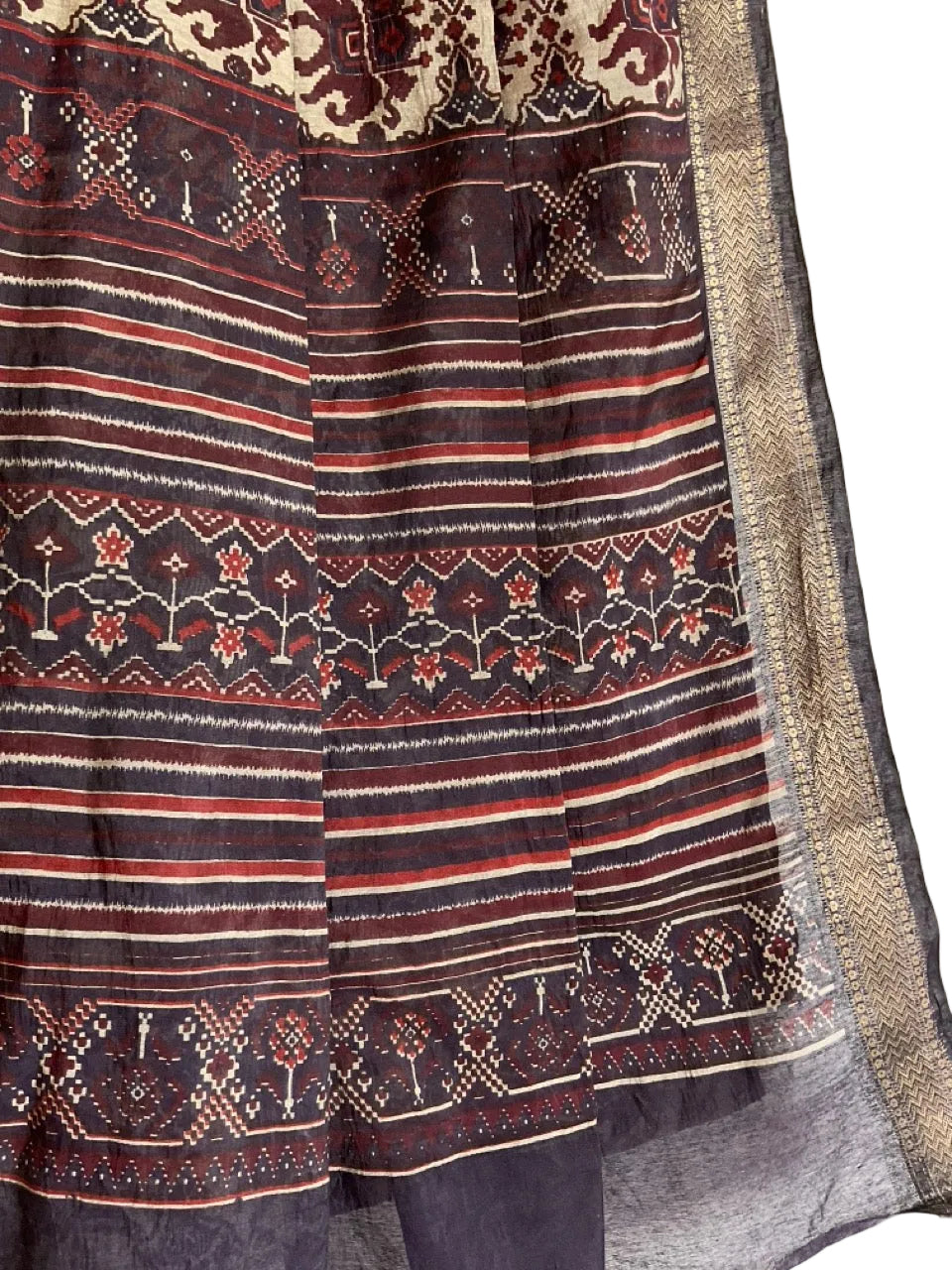 Dark Navy Cotton Saree with Cream Patola Ikat Print & Multicolour Pallu