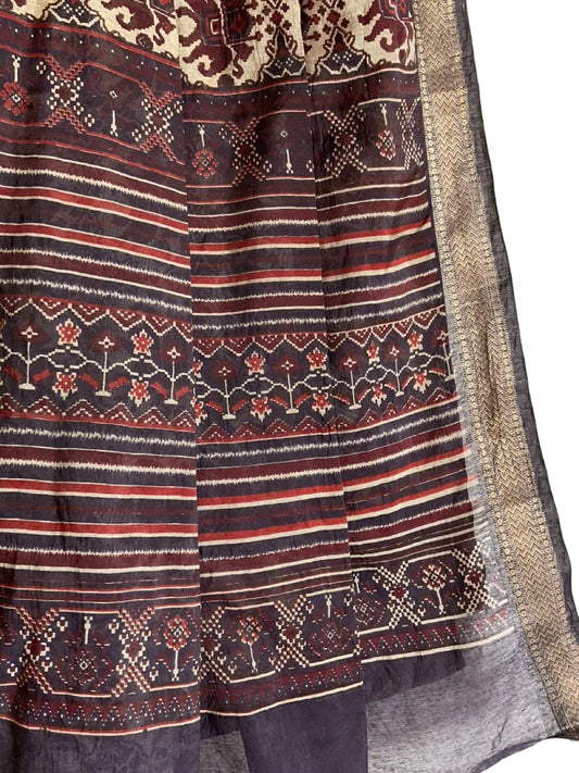 Dark Navy Cotton Saree with Cream Patola Ikat Print & Multicolour Pallu