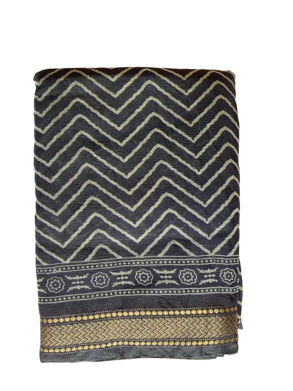 Blue Cotton Saree with White Chevron Print