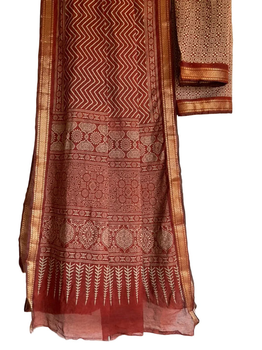 Brown Cotton Saree with Cream Chevron Print & Gold Zari Border