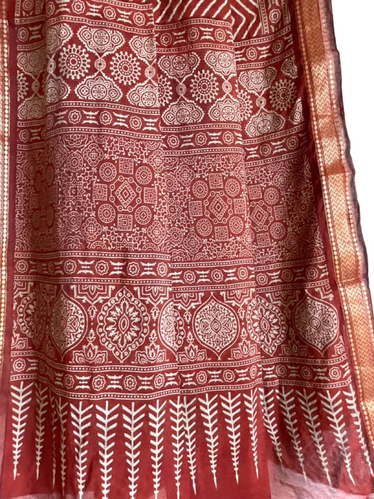 Brown Cotton Saree with Cream Chevron Print & Gold Zari Border
