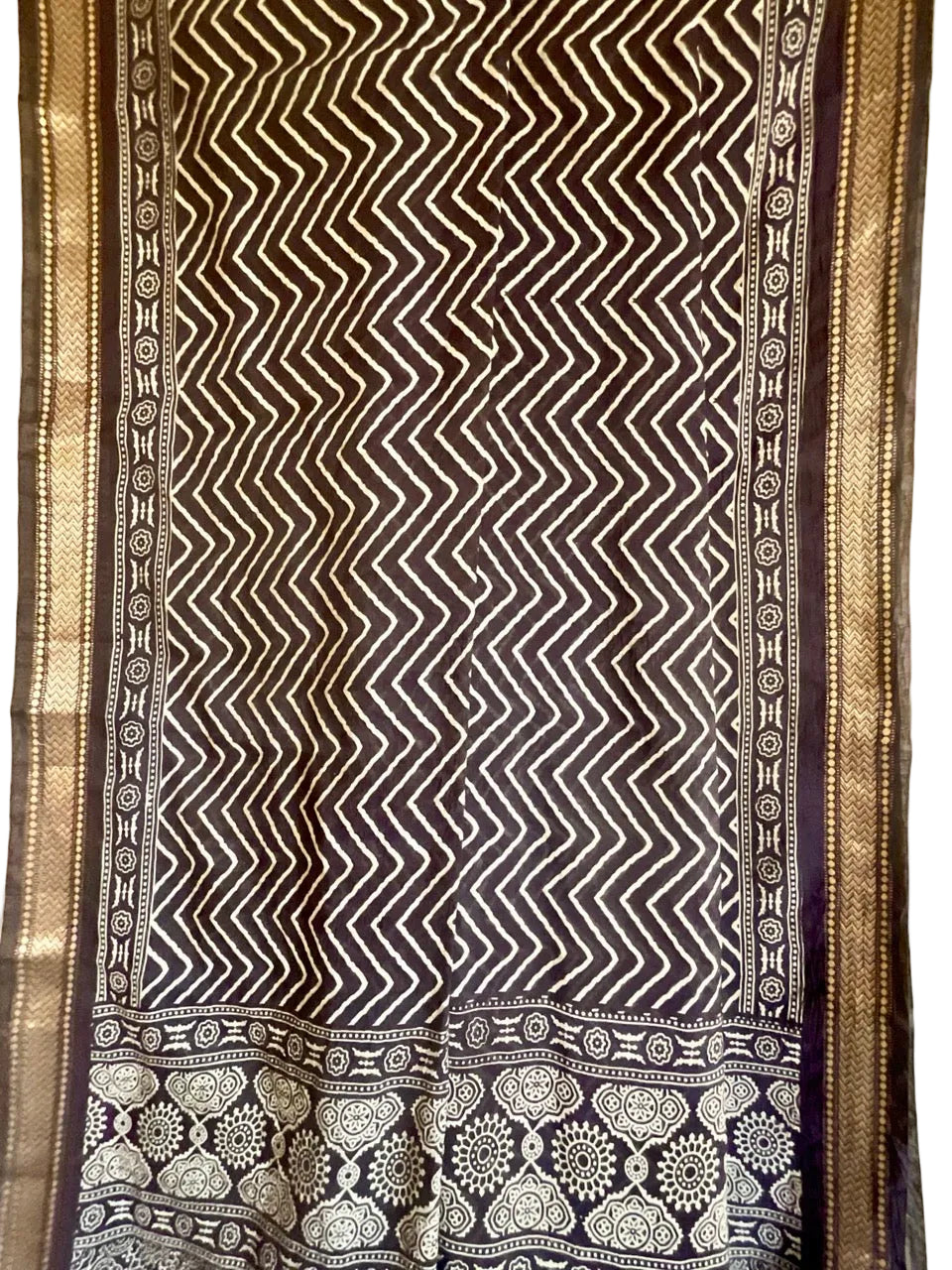 Blue Cotton Saree with White Chevron Print