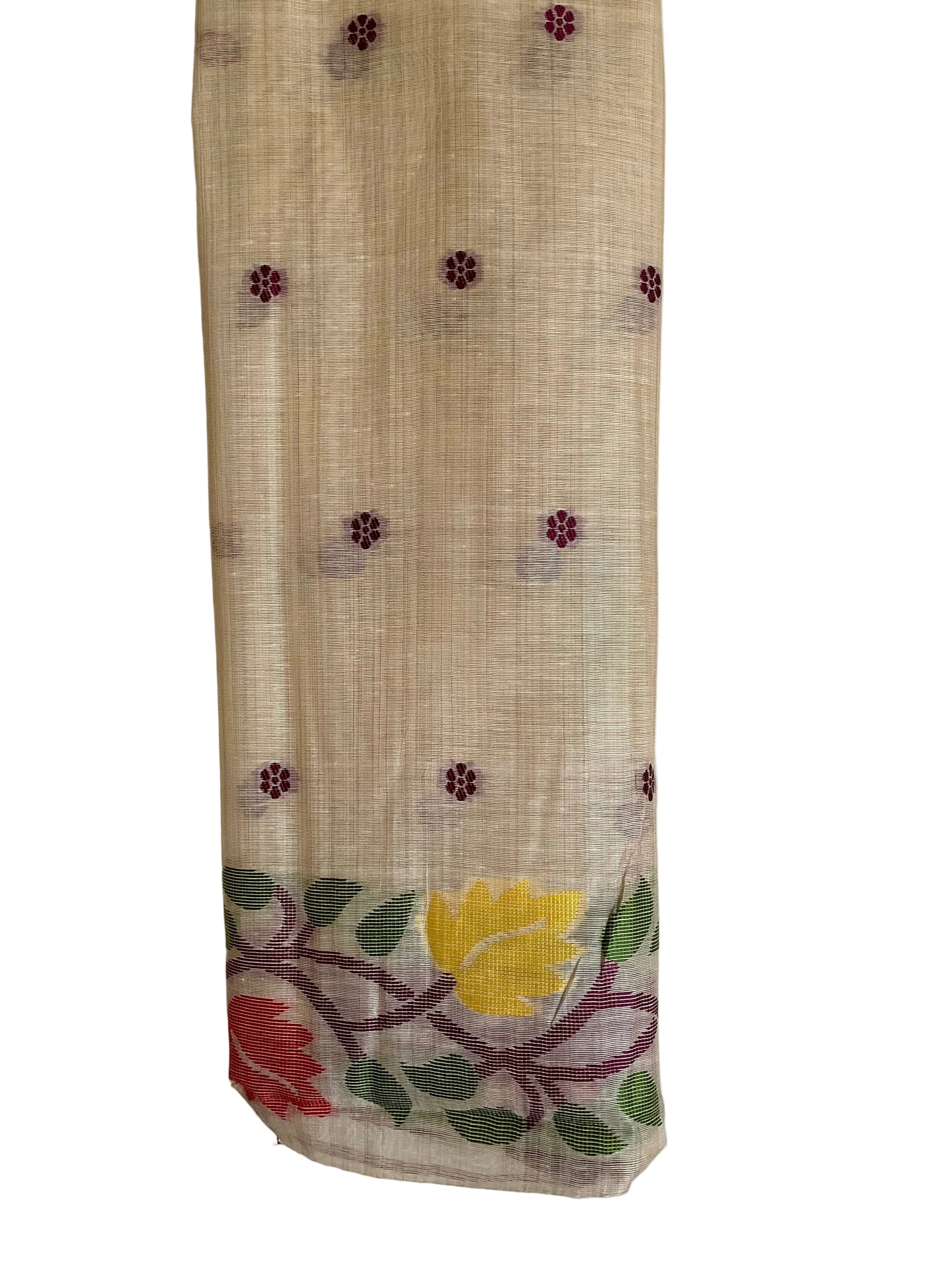 White / Ivory Soft Cotton Saree with Golden Glaze & Woven Floral Border
