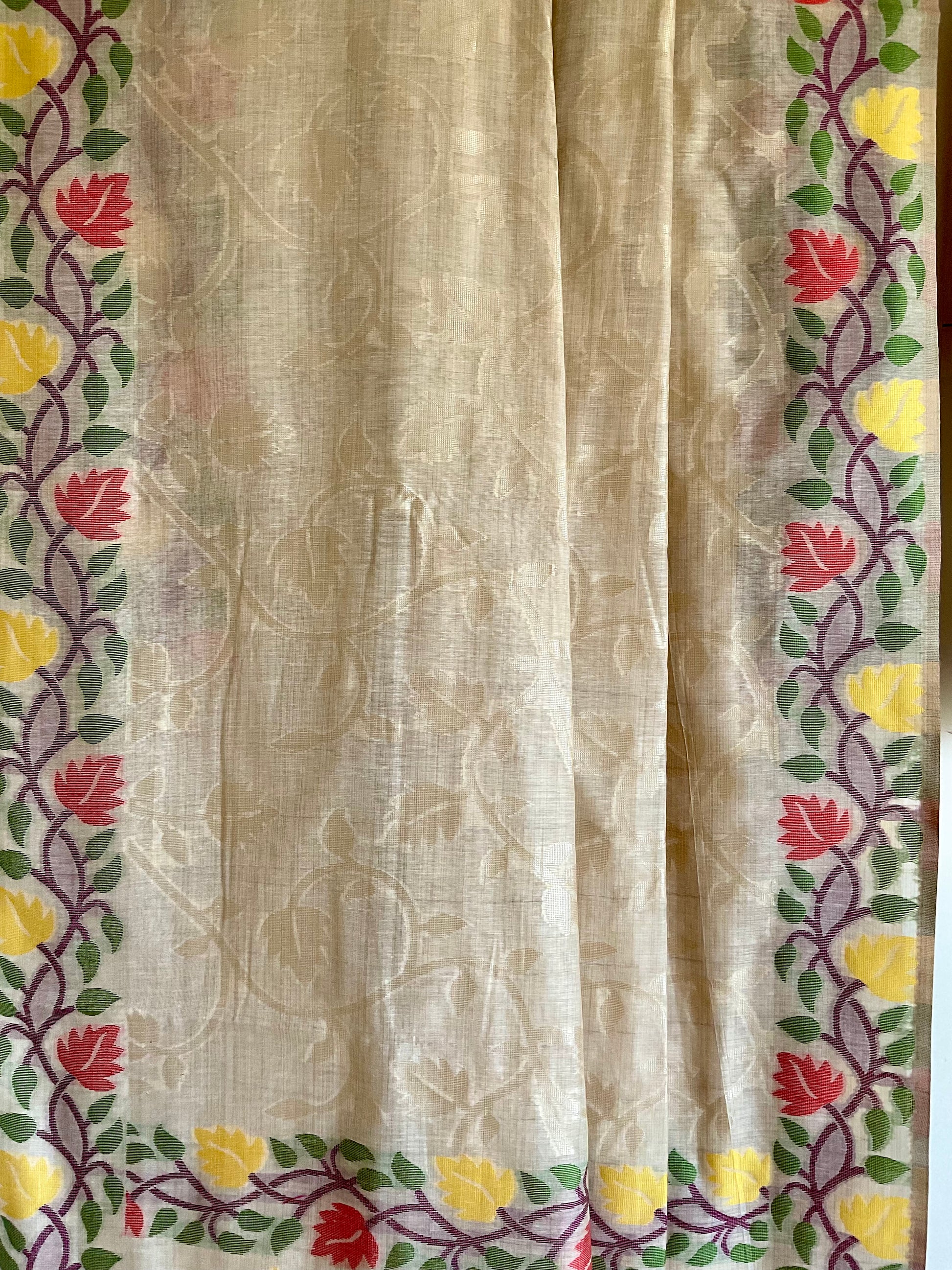 White / Ivory Soft Cotton Saree with Golden Glaze & Woven Floral Border