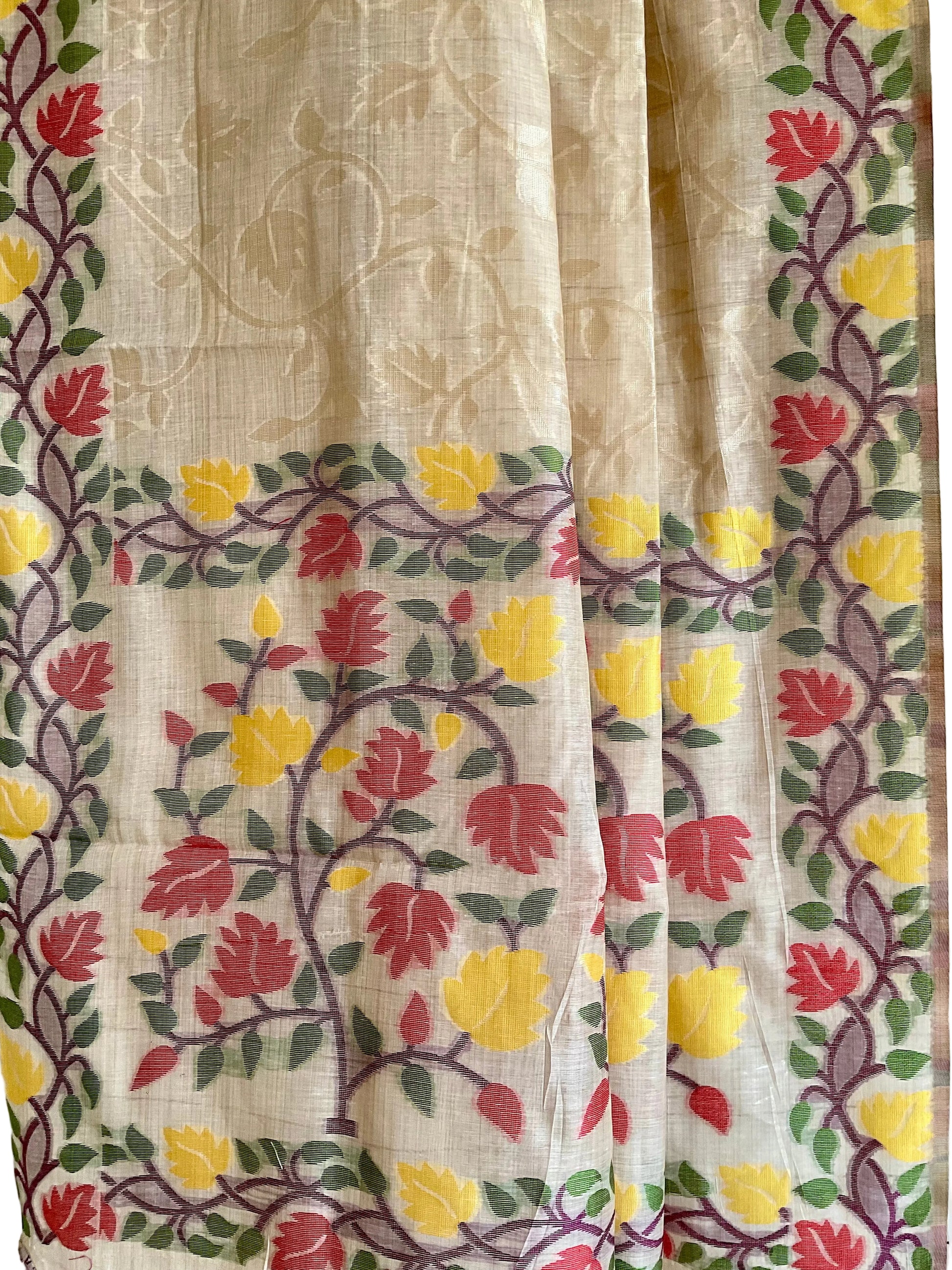 White / Ivory Soft Cotton Saree with Golden Glaze & Woven Floral Border