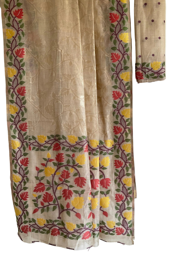 White / Ivory Soft Cotton Saree with Golden Glaze & Woven Floral Border