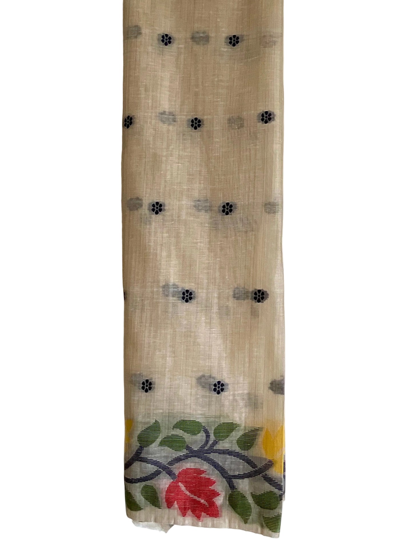 White / Ivory Jamdani Cotton Saree with Red & Yellow Rose Vine Border