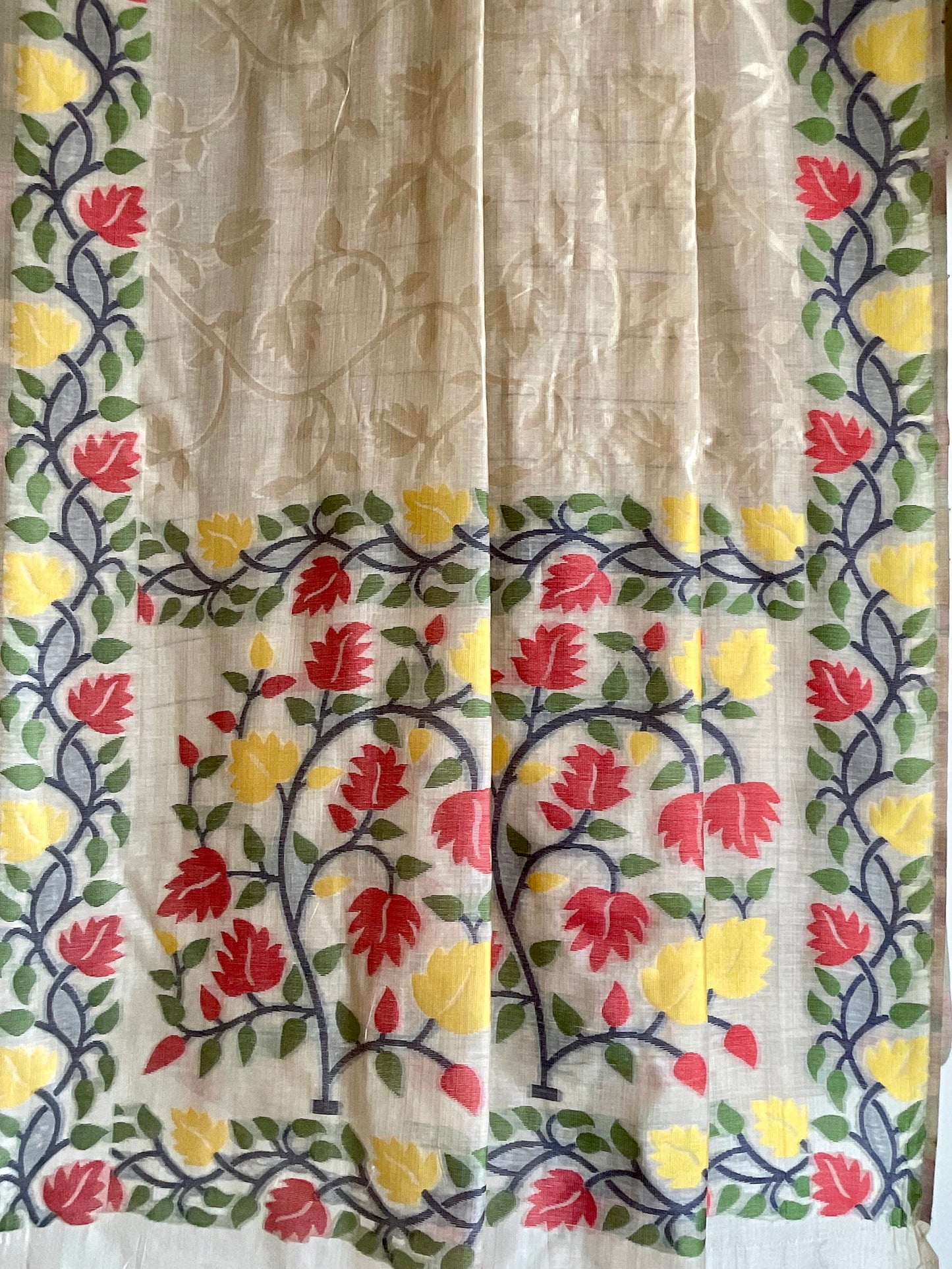 White / Ivory Jamdani Cotton Saree with Red & Yellow Rose Vine Border