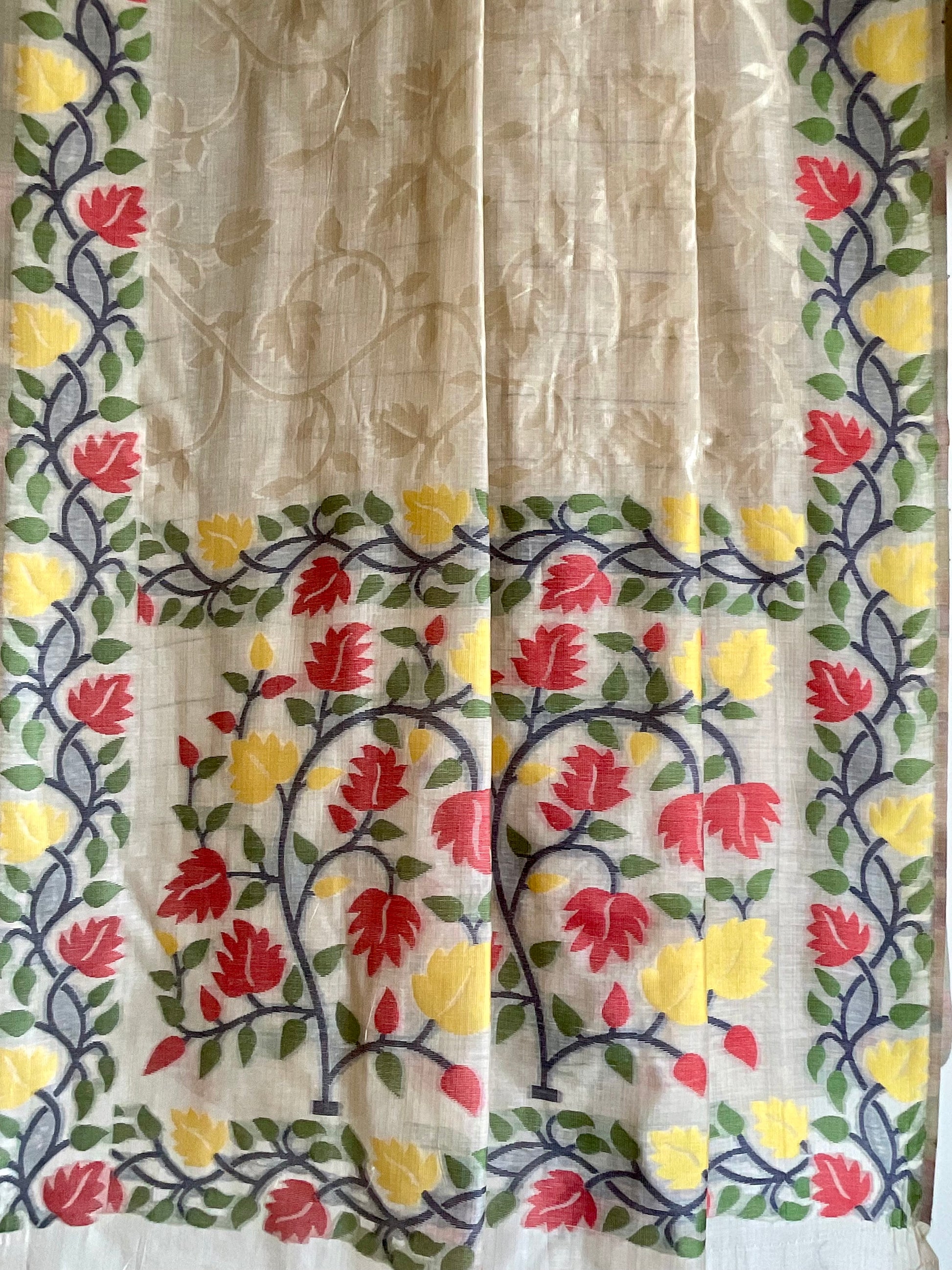 White / Ivory Jamdani Cotton Saree with Red & Yellow Rose Vine Border