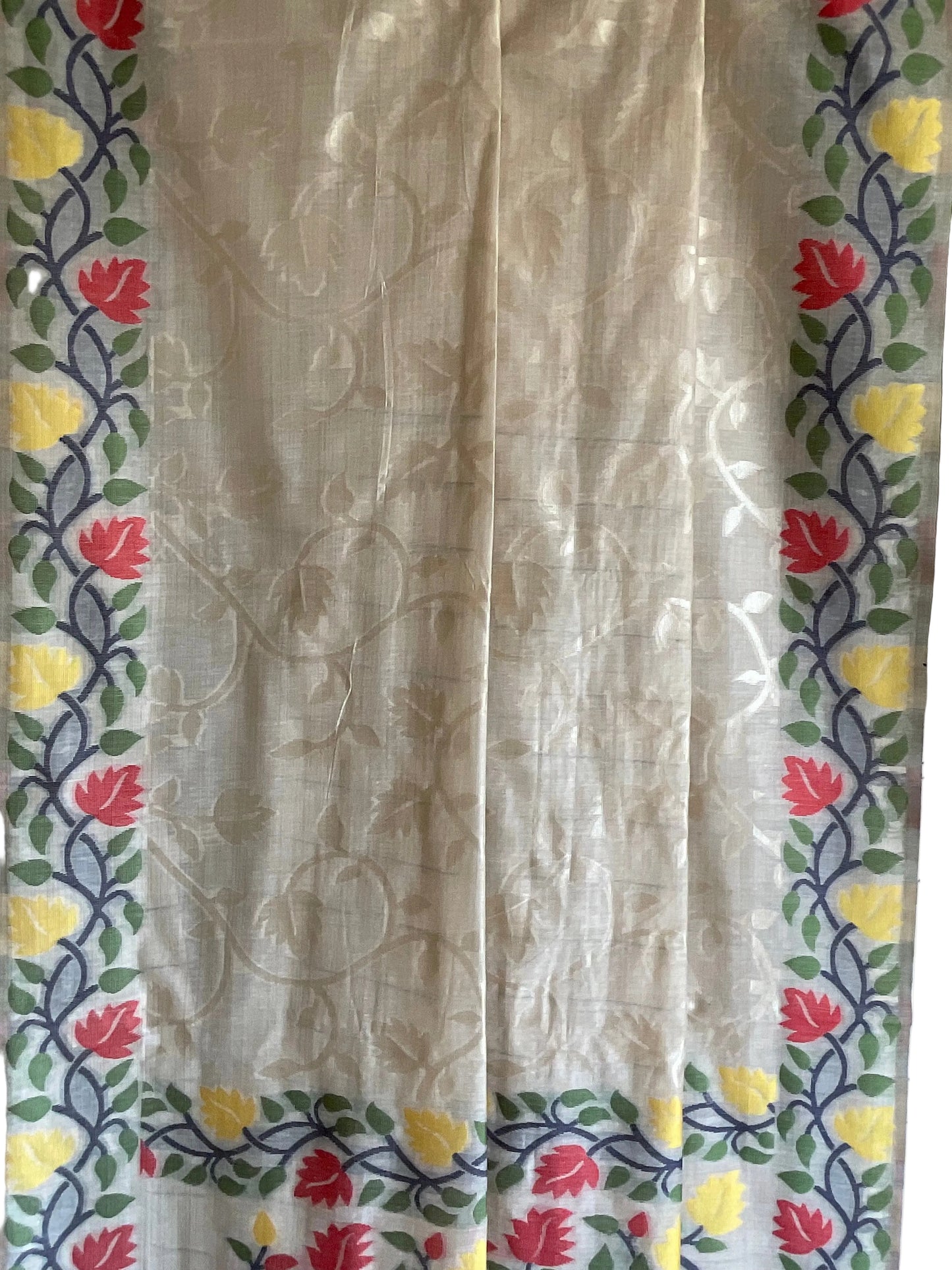 White / Ivory Jamdani Cotton Saree with Red & Yellow Rose Vine Border
