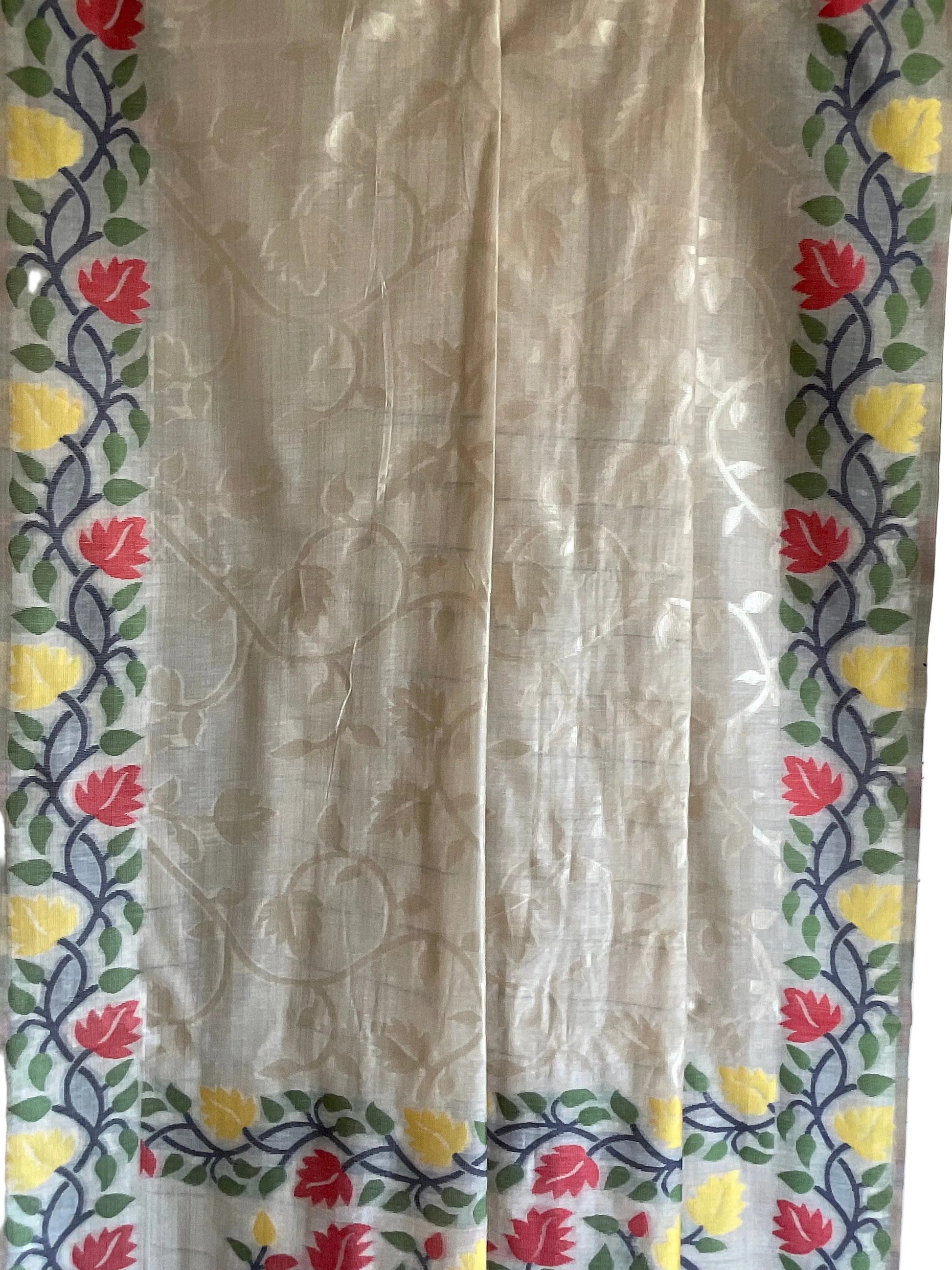 White / Ivory Jamdani Cotton Saree with Red & Yellow Rose Vine Border