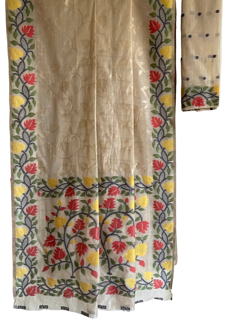 White / Ivory Jamdani Cotton Saree with Red & Yellow Rose Vine Border