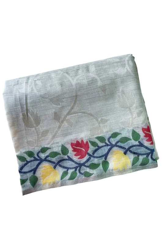 White / Ivory Jamdani Cotton Saree with Red & Yellow Rose Vine Border