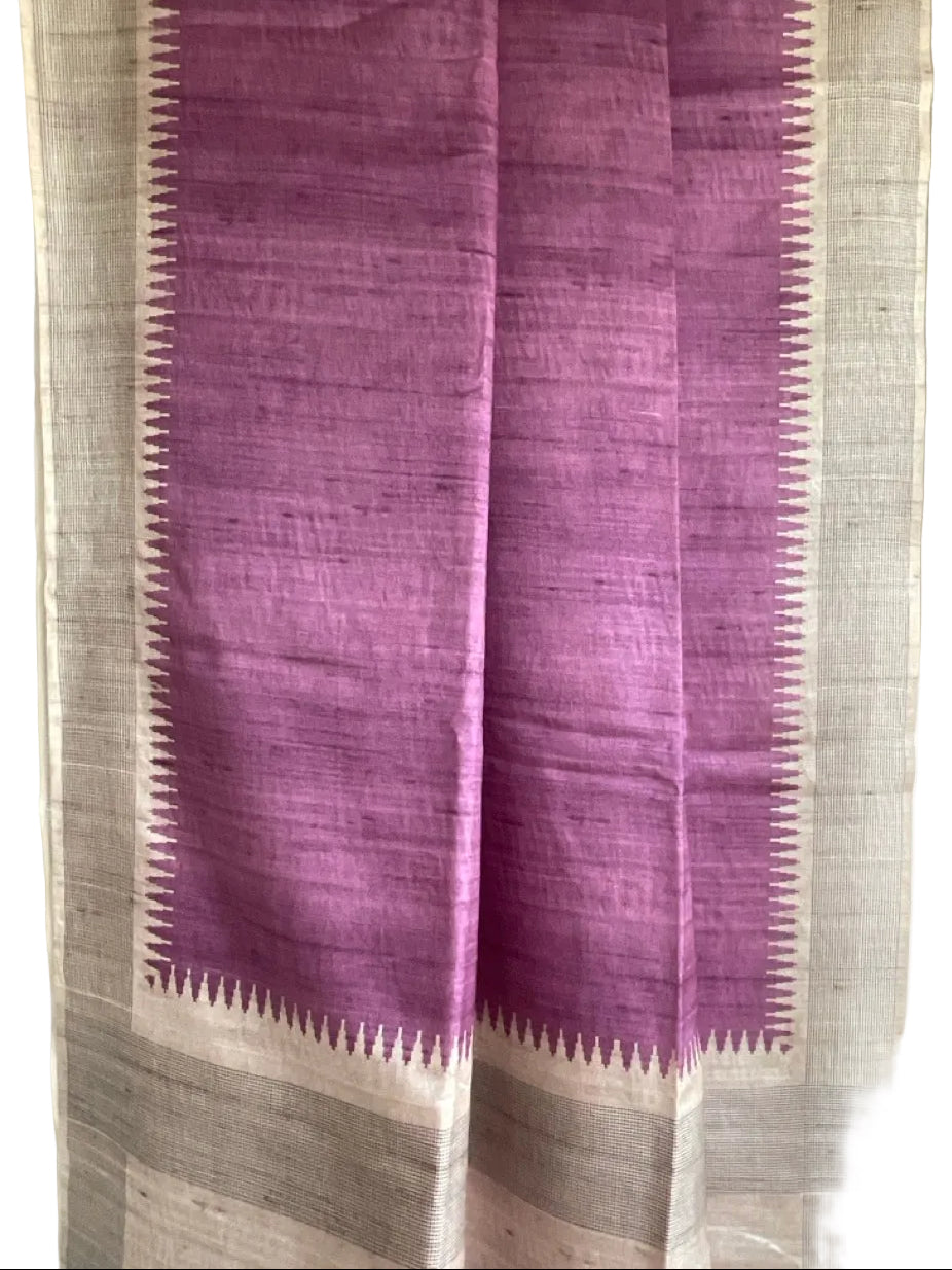 Purple Tussar Silk Saree, Jute with Natural Beige Pallu & Temple Border
