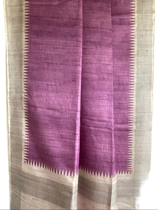 Purple Tussar Silk Saree, Jute with Natural Beige Pallu & Temple Border