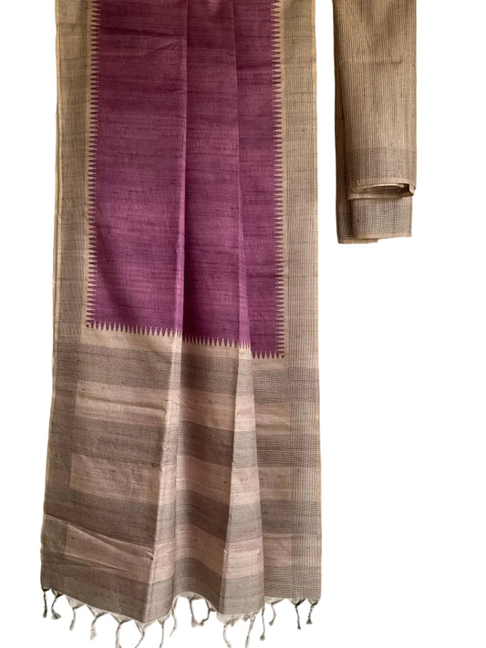 Purple Tussar Silk Saree, jute with Natural Beige Pallu & Temple Border