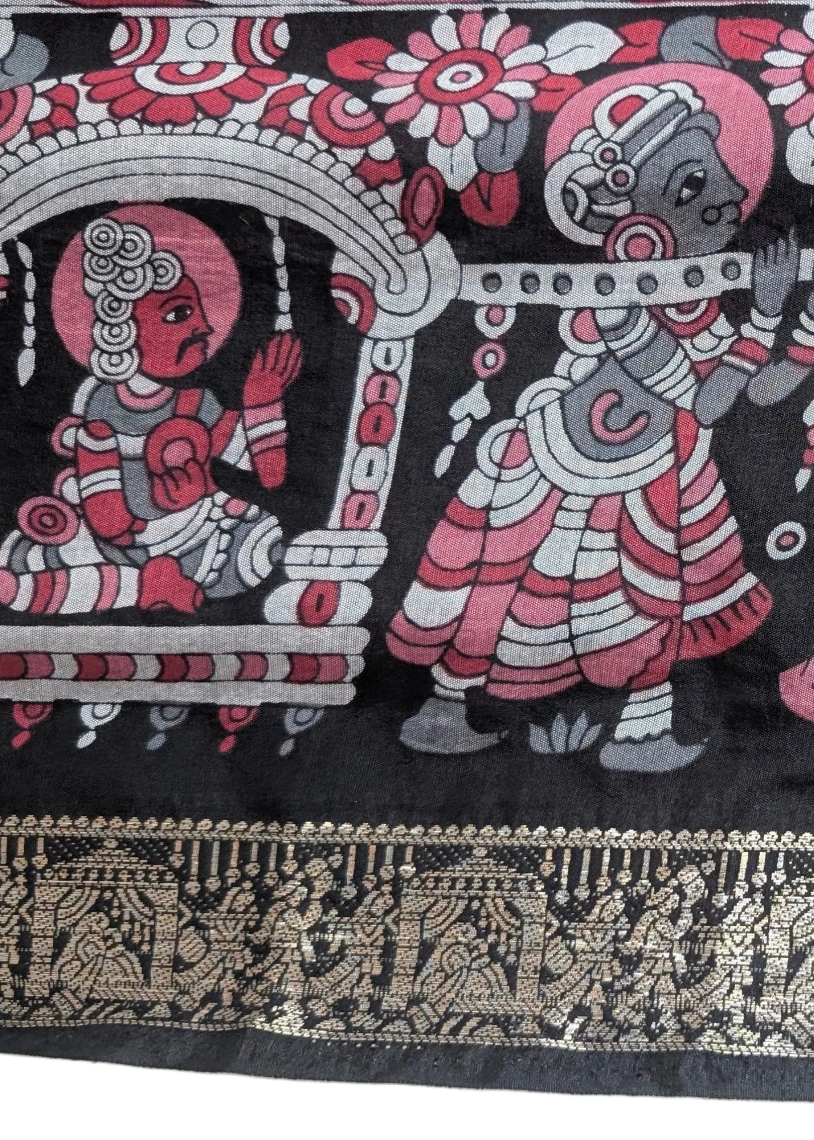 Red Kalamkari Saree with Indian Mythology & Black Bridal Border