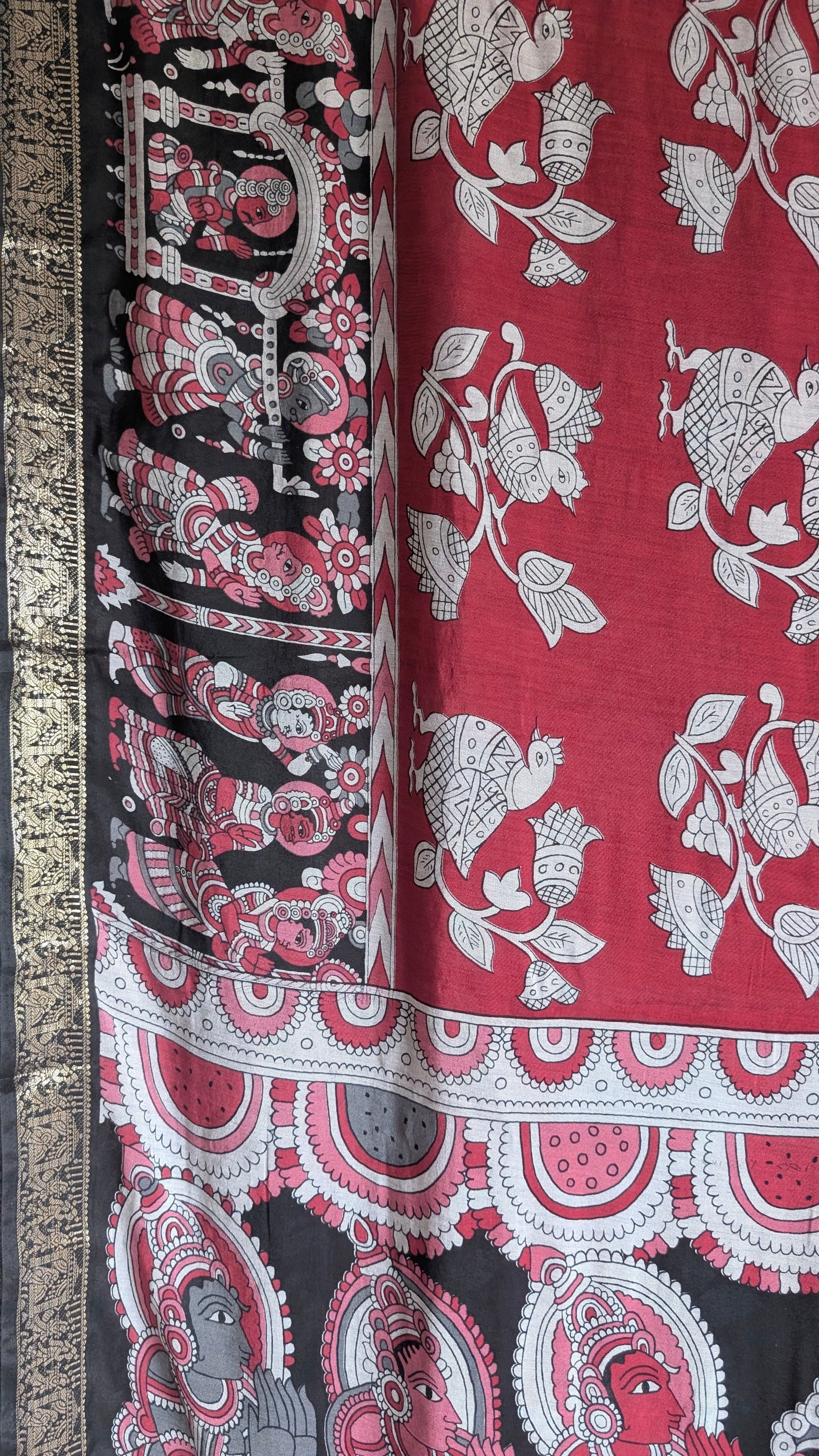 Red Kalamkari Saree with Indian Mythology & Black Bridal Border