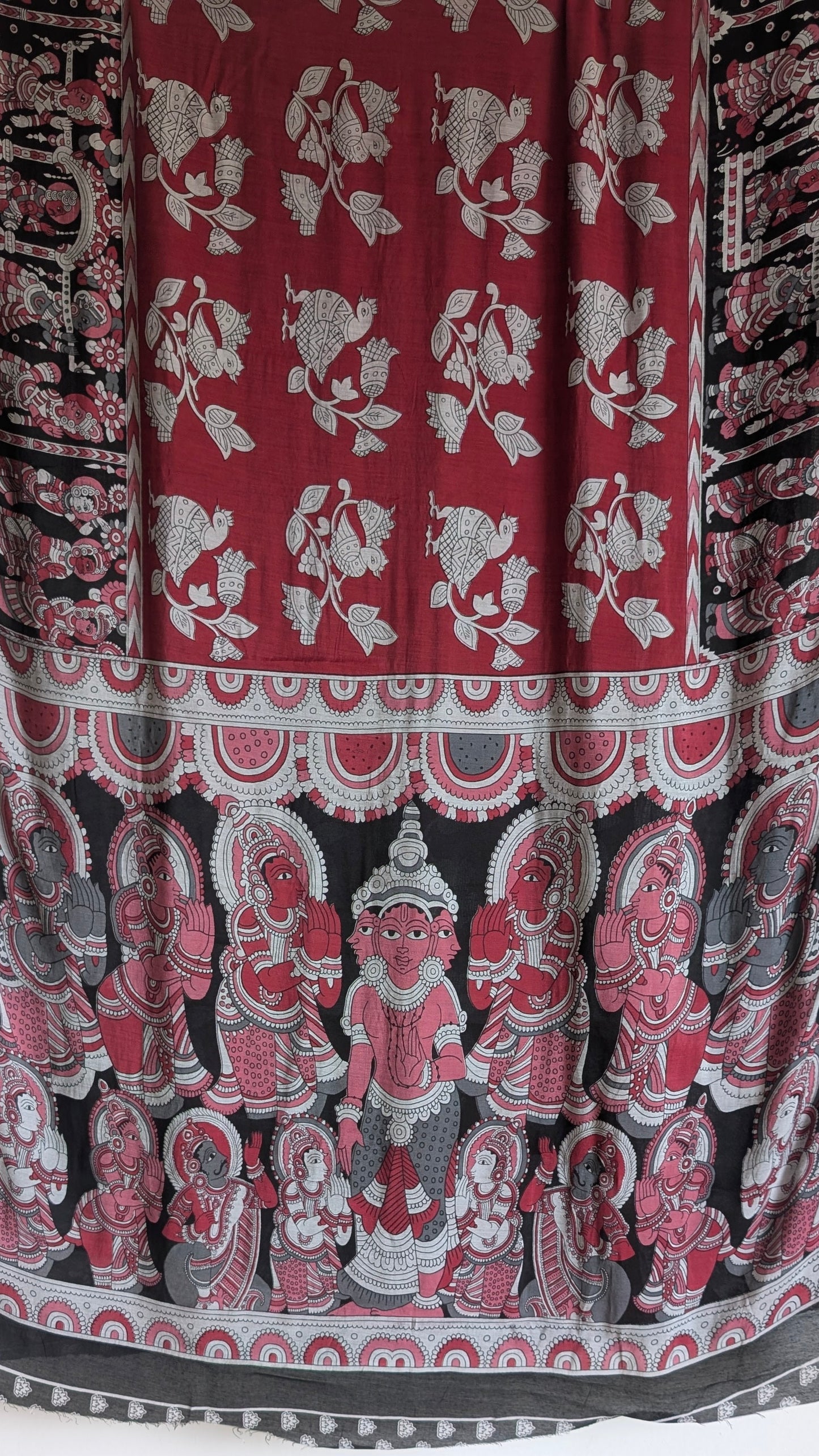 Red Kalamkari Saree with Indian Mythology & Black Bridal Border