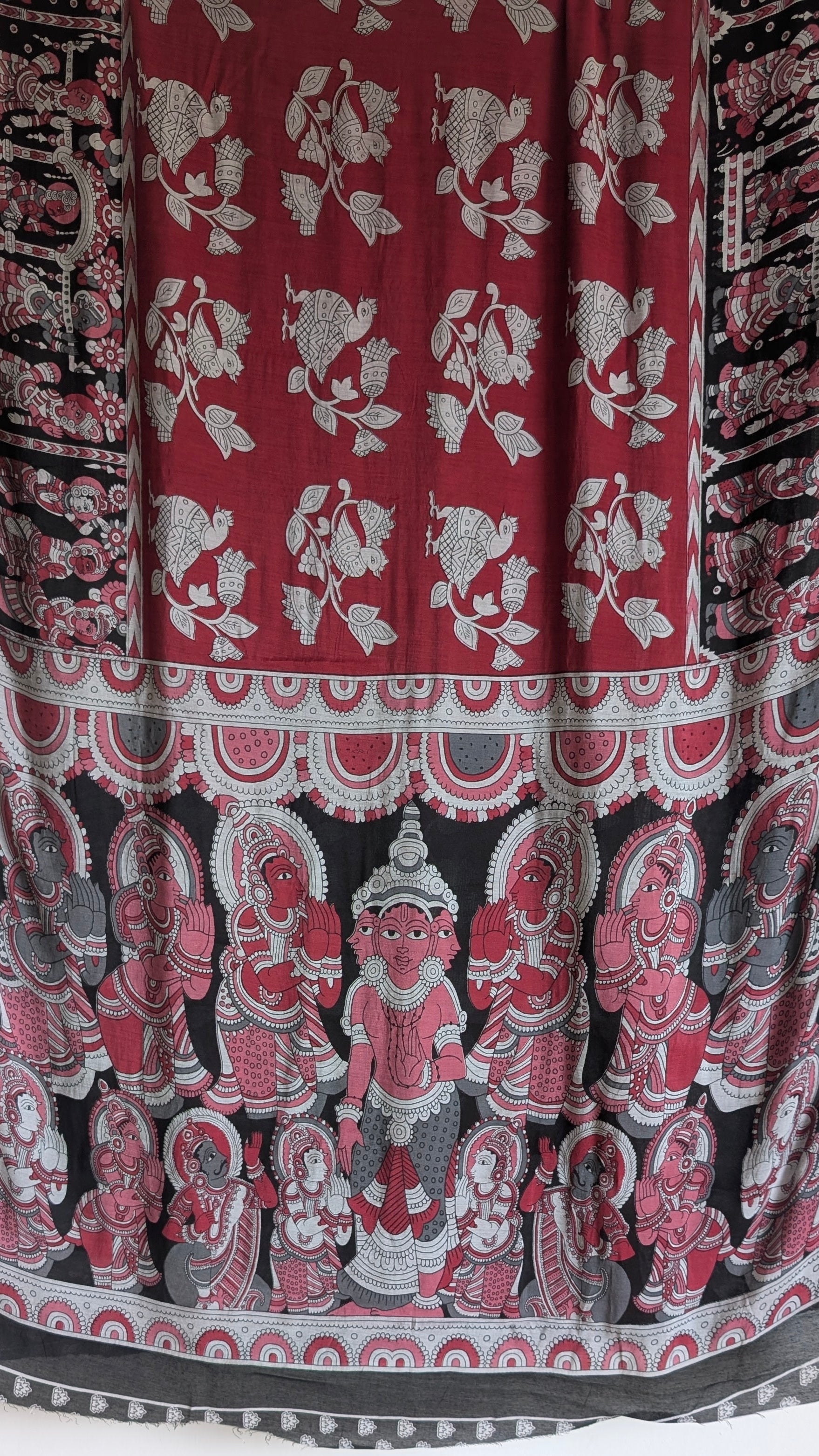 Red Kalamkari Saree with Indian Mythology & Black Bridal Border