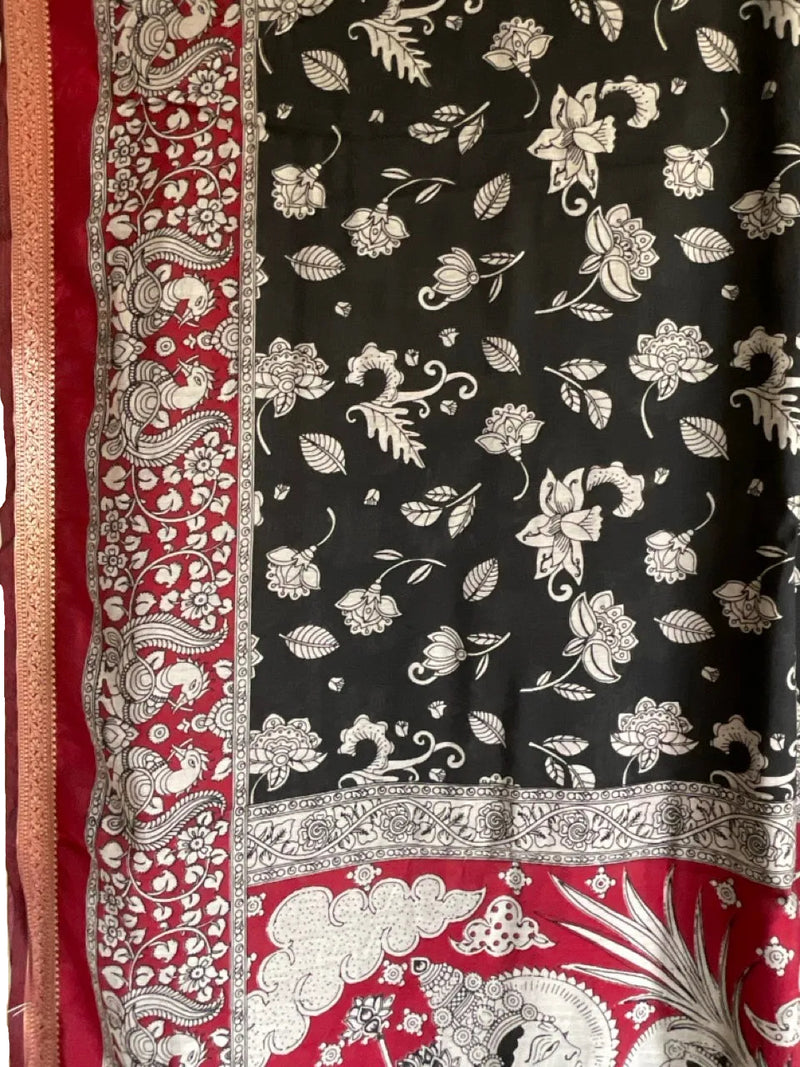 Black & Red Kalamkari Print Soft Cotton Mulmul Saree
