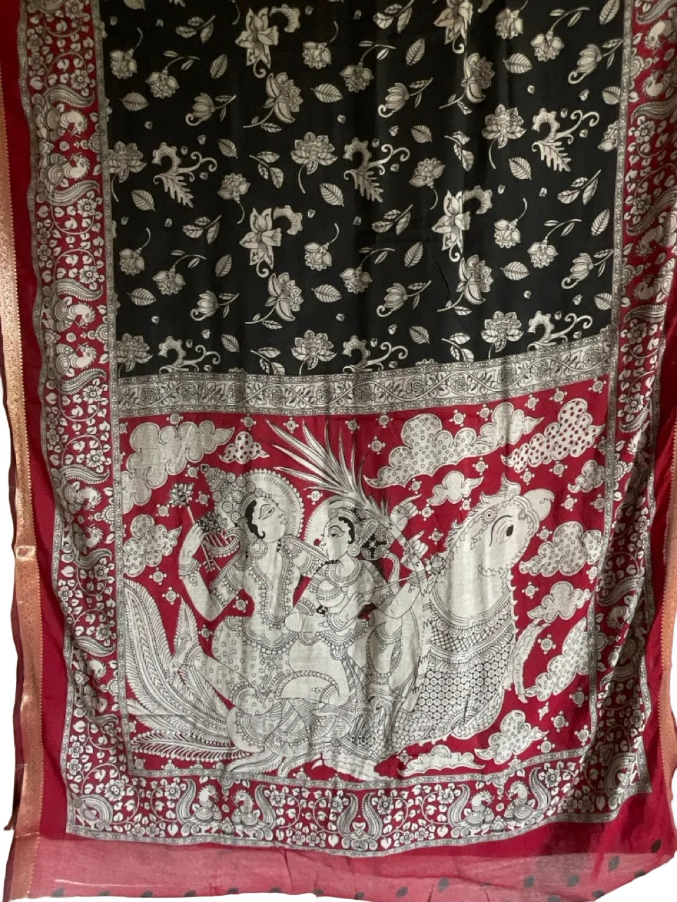 Black & Red Kalamkari Print Soft Cotton Mulmul Saree