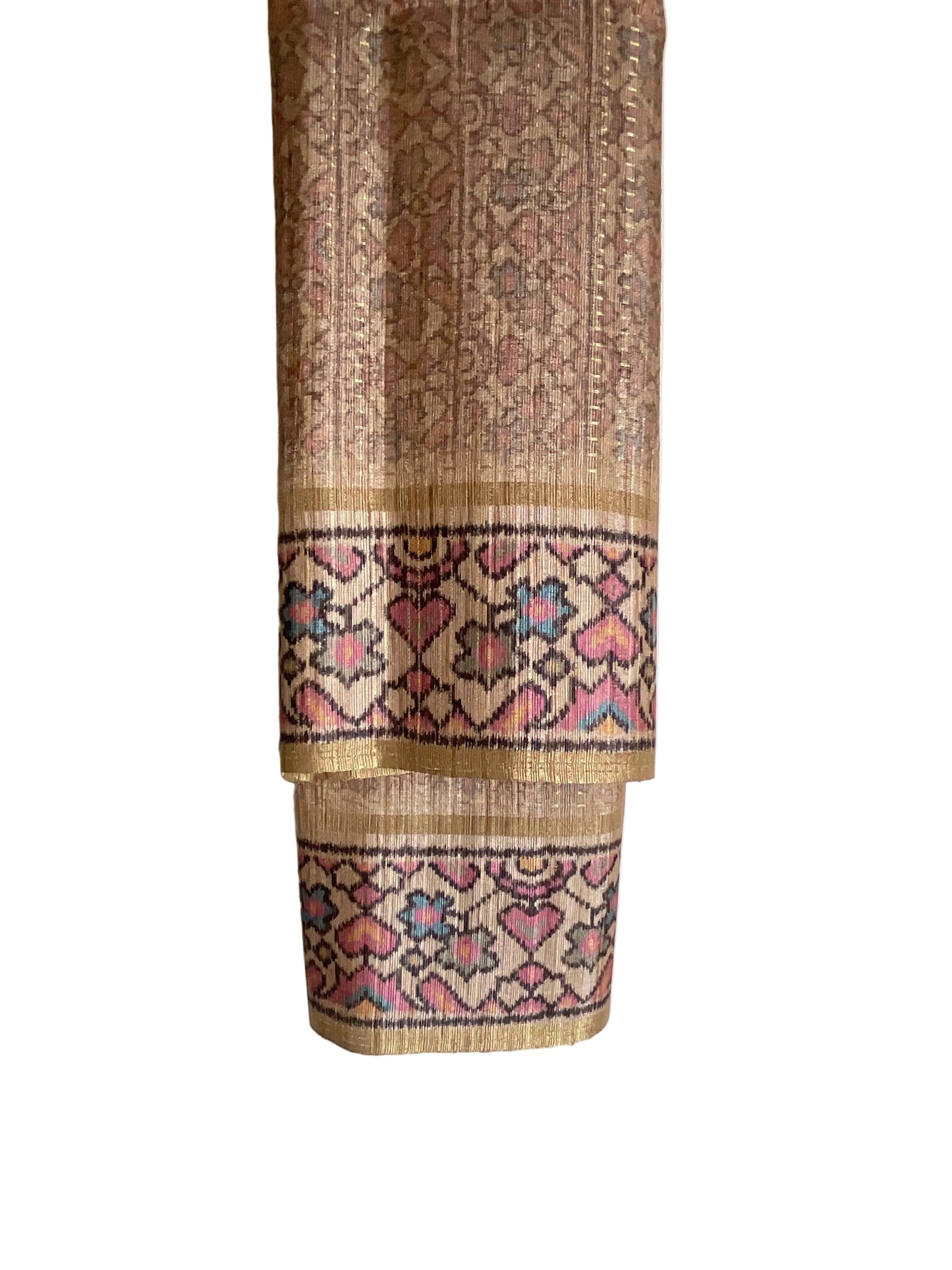 Beige Tussar Silk Saree with Gold Kantha Dot Weave & Multicolour Floral Border