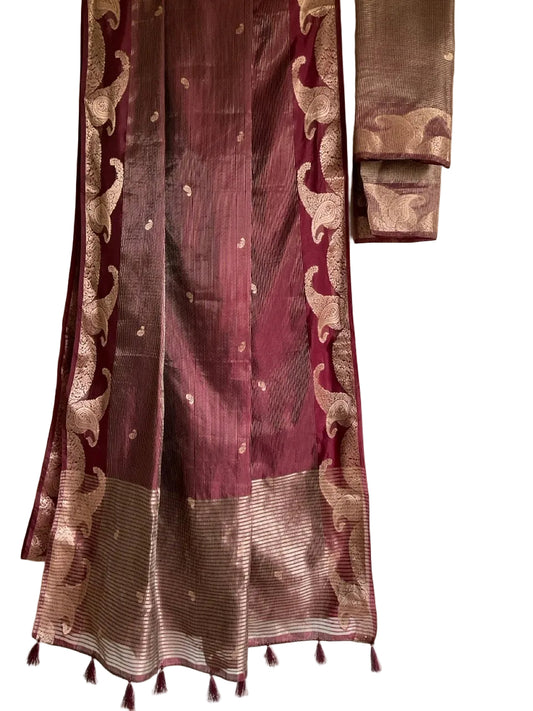 Deep Burgundy / Purple Tissue Silk Saree with Gold Paisley Border & Antique Gold Stripe Pallu