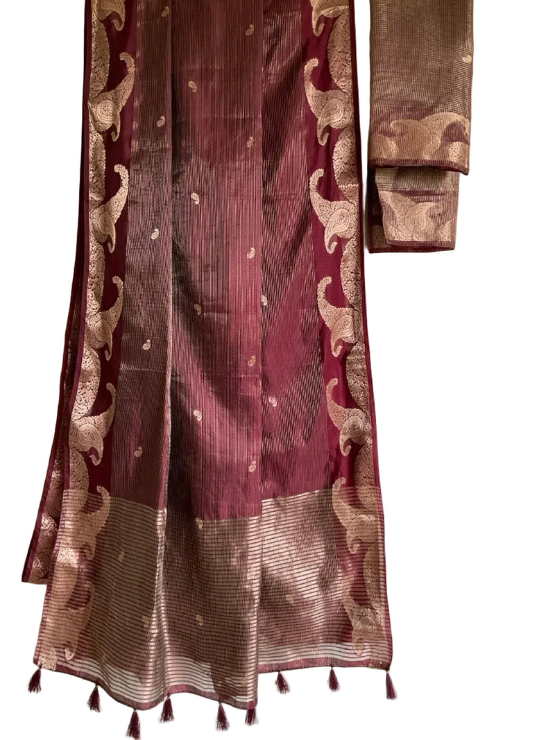 Deep Burgundy / Purple Tissue Silk Saree with Gold Paisley Border & Antique Gold Stripe Pallu