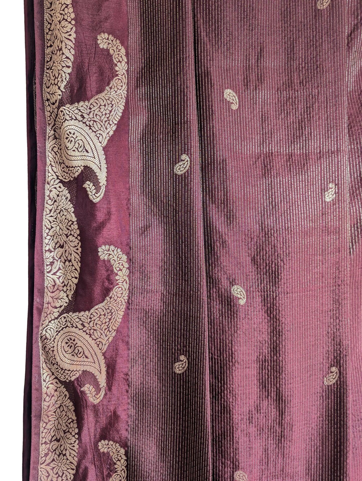 Deep Burgundy / Purple Tissue Silk Saree with Gold Paisley Border & Antique Gold Stripe Pallu