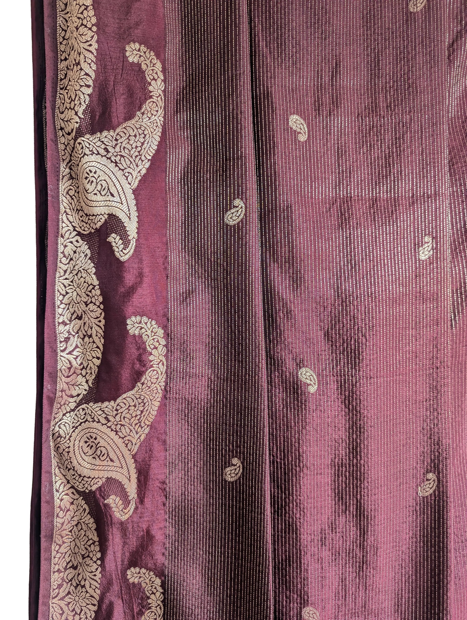 Deep Burgundy / Purple Tissue Silk Saree with Gold Paisley Border & Antique Gold Stripe Pallu