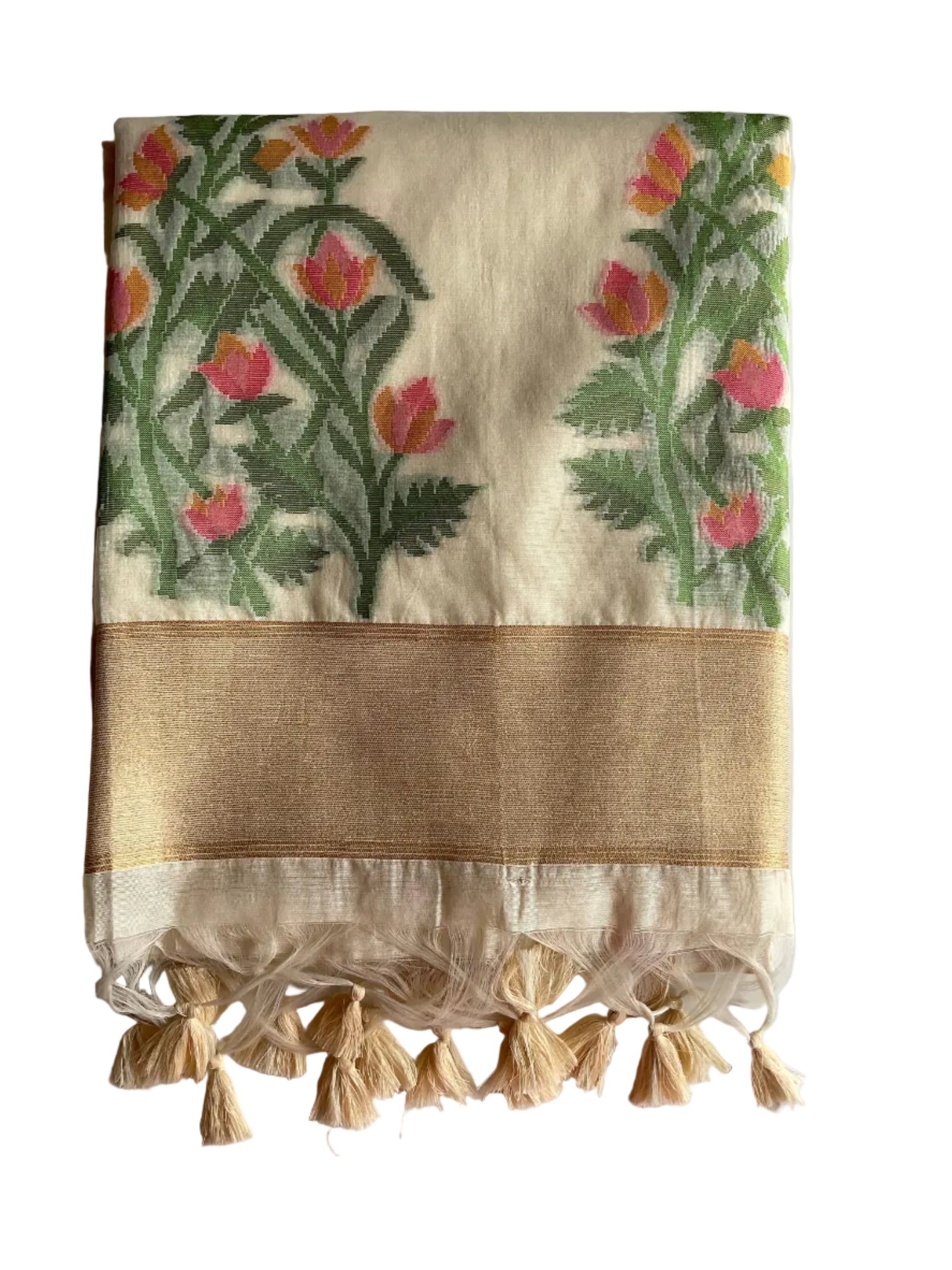 Off White Jamdani Cotton Aariyaa Saree with Lotus Motifs