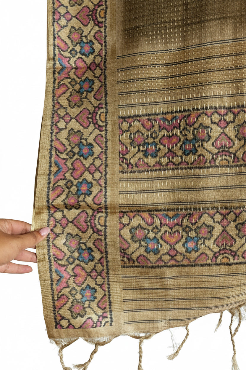 Beige Tussar Silk Saree with Gold Kantha Weave