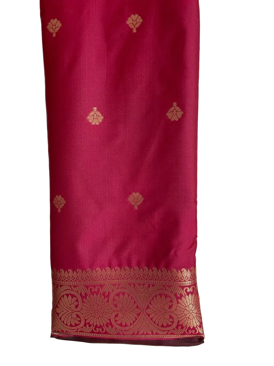 Brown & Pink Soft Silk Saree with Gold Peacock Buttas & Ikat Geometric Border