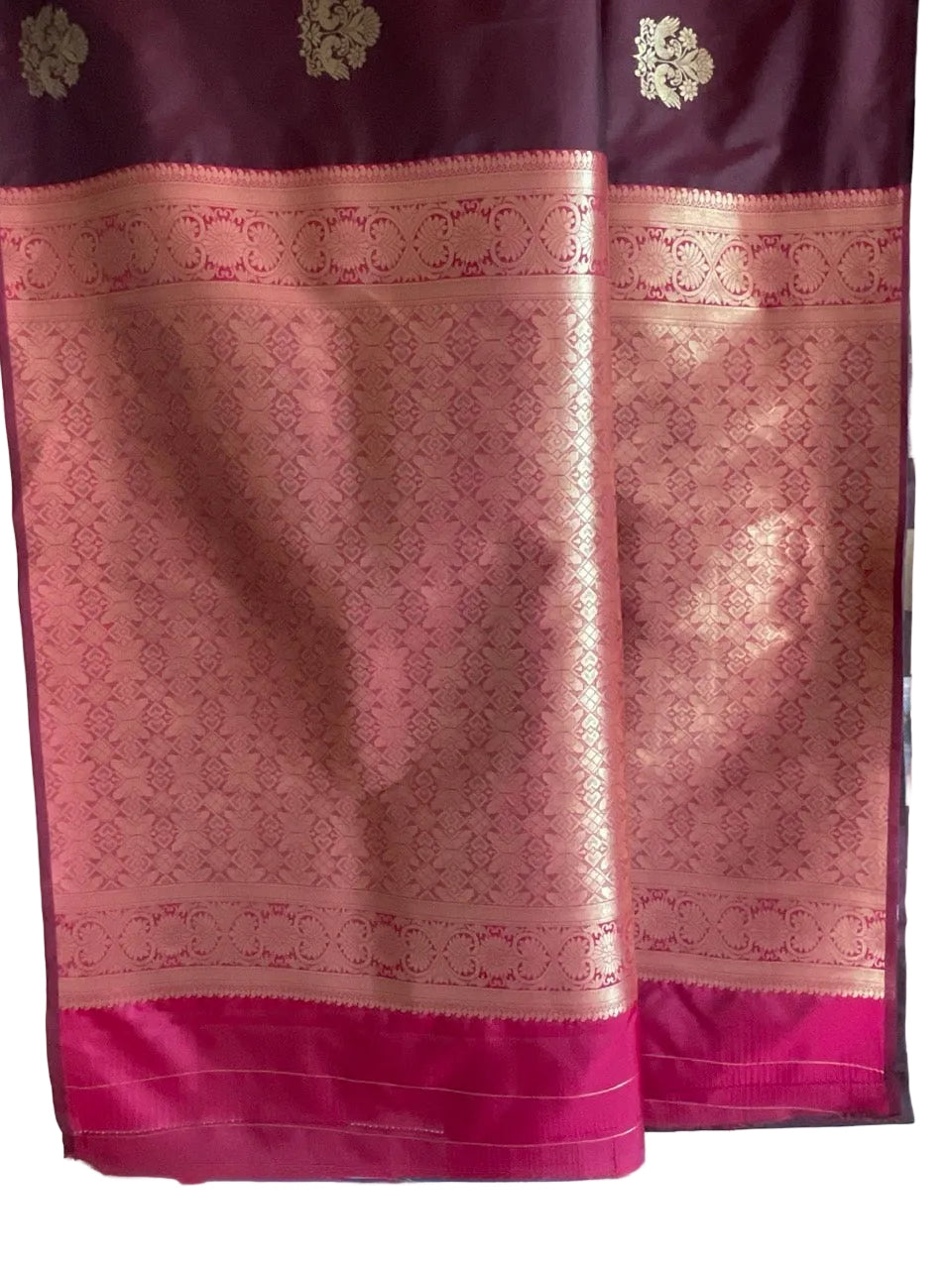 Brown & Pink Soft Silk Saree with Gold Peacock Buttas & Ikat Geometric Border